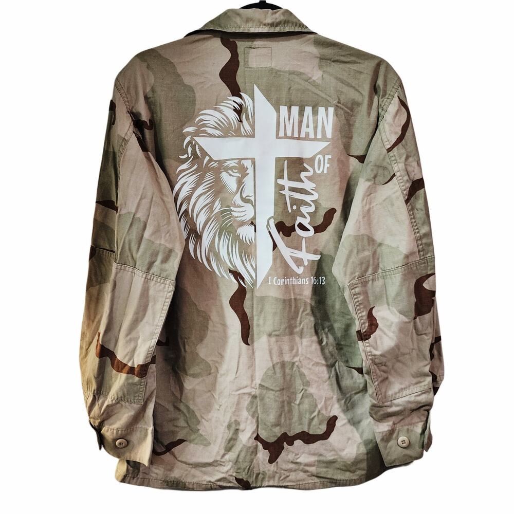 Man of Faith Upcycled U.S. Navy Gulf War Desert Storm Camo Military Camo Jacket
